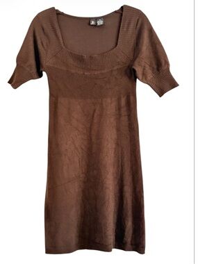 Vintage JL Chocolate Brown Square Neck Ribbed Mini Sweater Dress Size M